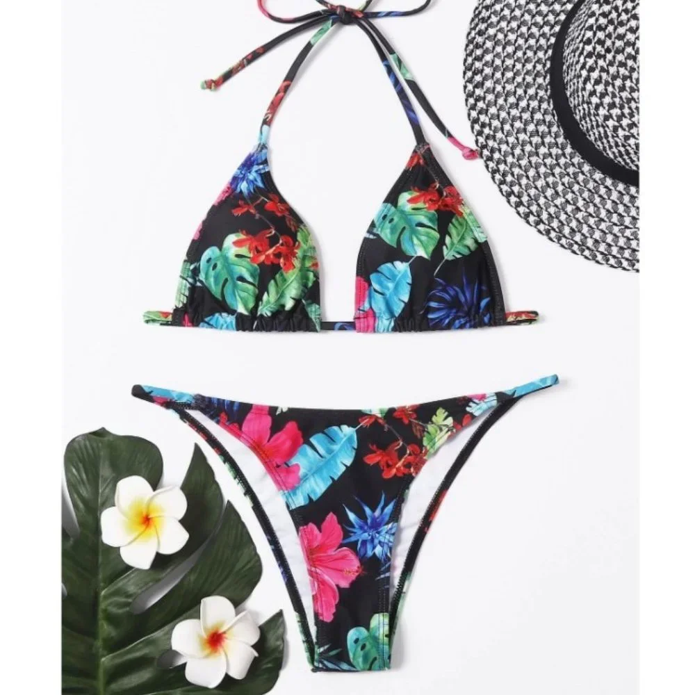 Tropical halter thong bikini swimsuit, Summer, Floral.